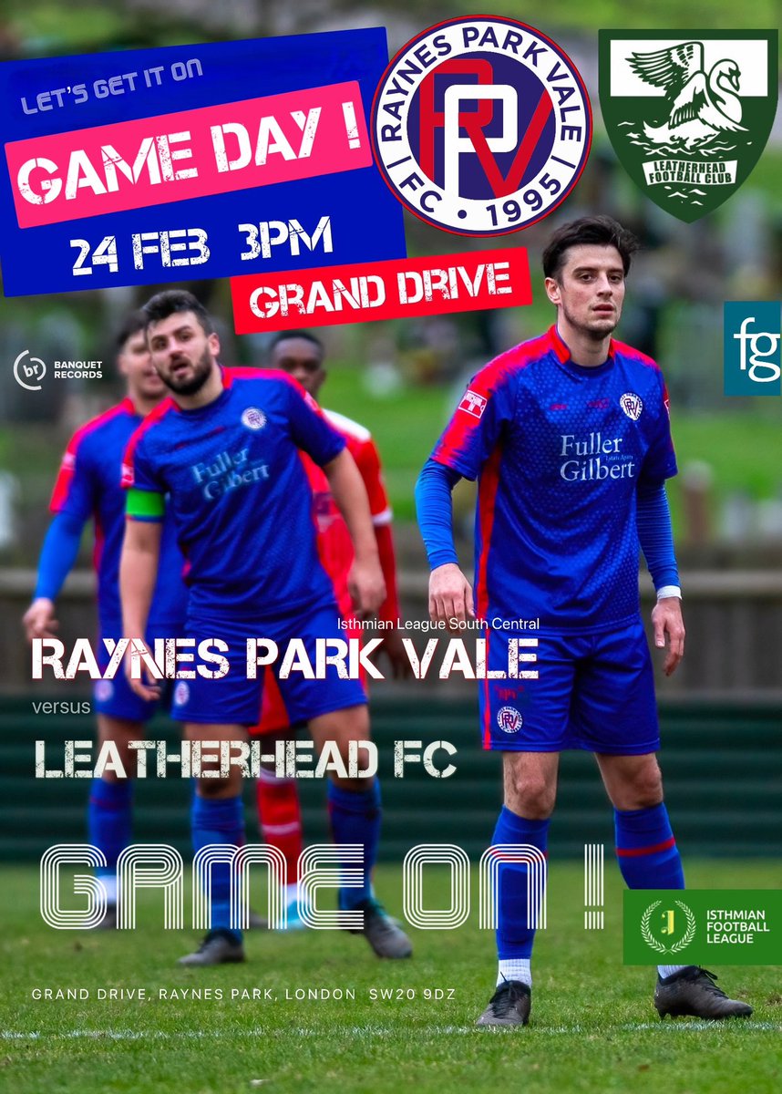 🔵🔴It’s GAME-DAY! Game on VALE at Home vs @LeatherheadFC 5th v 4th Isthmian South Central. C’mon Raynes Park. We’d l💙ve your support today 🏟️Grand Drive, SW20 9DZ ⏱️3PM today 🎟️ £10, £6 cons U16s £3 U12 Free ,🦮£0 Cracking🍔Top🍺 💷/card 💳 @AFCWimbledon #afcwimbledon away
