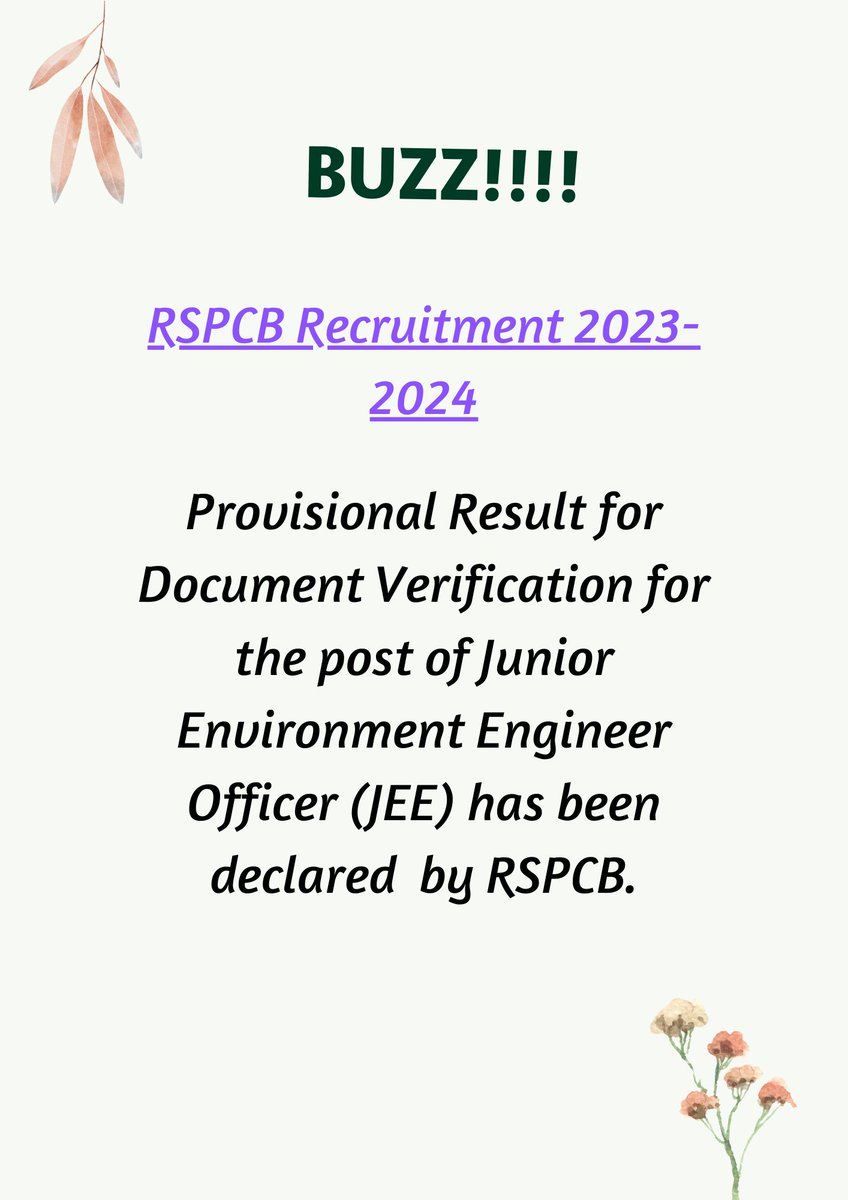 RSPCB_official's tweet photo. RSPCB Recruitment Buzz
Provisional Result for Document Verification for the post of Junior Environmental Engineer RSPCB. For details log on to:
https://t.co/kIArdd6j2t
#departmentofenvironment #recruitment #results #RSPCB
@Shikhar_IAS https://t.co/t0jbvNeA5c
