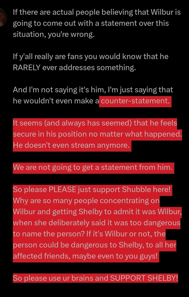 leansnbk's tweet photo. Here's my thoughts on the Shubble situation. 
I don't know why so many people focus on it being Wilbur, when Shubble said that the person IS DANGEROUS. 
He could be dangerous to her, her friends, YOU. 

Support Shelby!! 💜💜💜 https://t.co/GLQmvQCKZS