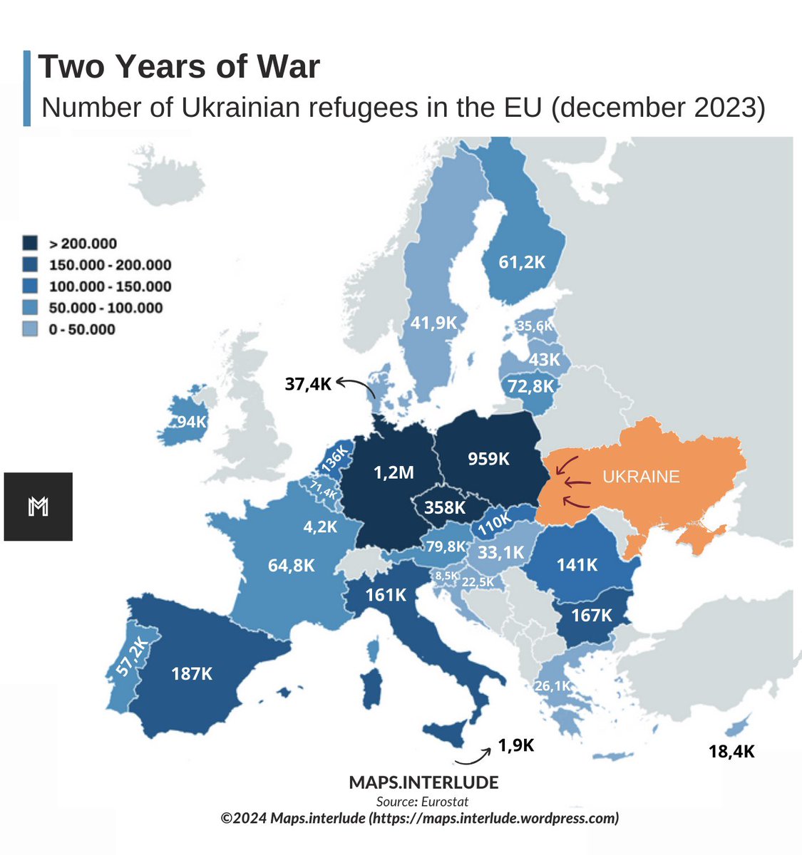 Two years of #war ; Number of #ukrainian #refugees in the #EuropeanUnion (December 2023) 
•
#maps #ukraine #ukrainianrefugees