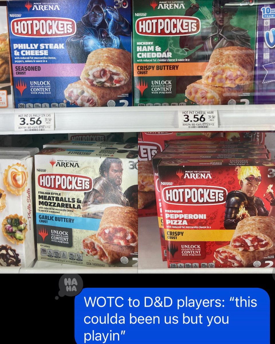 Corpos do be monetizing . . . So there’s this Magic the Gathering promotion with Hot Pockets. You get hot pockets and like, earn in-game rewards idk. Wizards of the Coast is wilding 🧙🏻‍♂️⚔️🤓