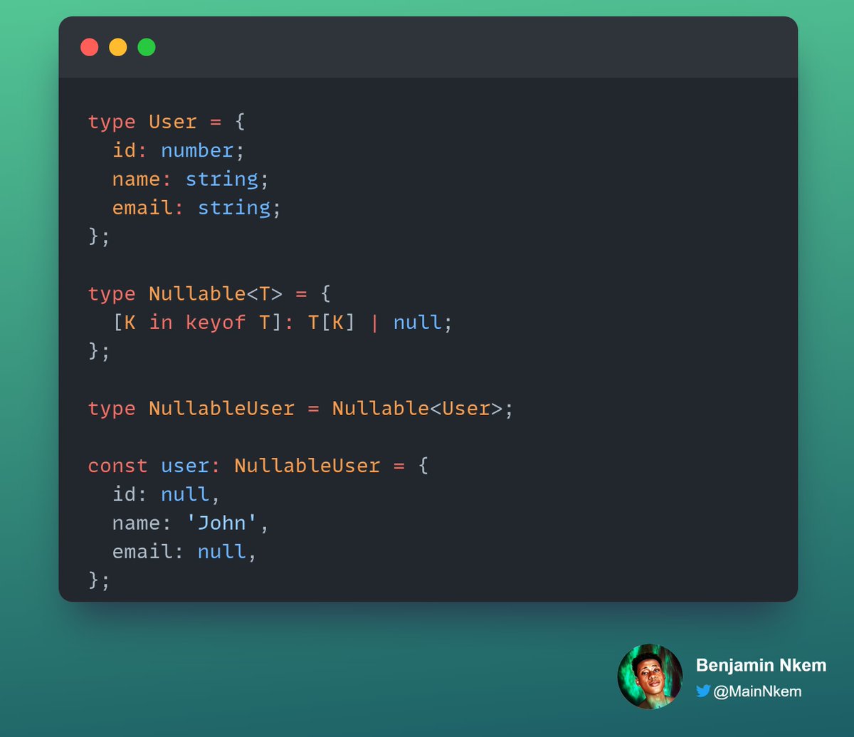 MainNkem's tweet image. 🚀 #TypeScriptTip: Leverage mapped types and conditional types to create dynamic, reusable utilities.
"The Nullable type makes all type properties optional by converting them.
#programming #coding #development #techtips #webdevelopment