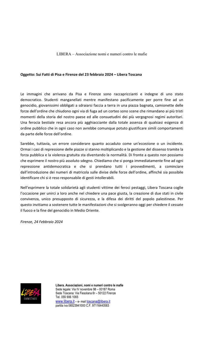 Il Comunicato di #LiberaToscana in seguito ai fatti di #Pisa e #Firenze del #23Febbraio

#Libera #Liberacontrolemafie #manganelli