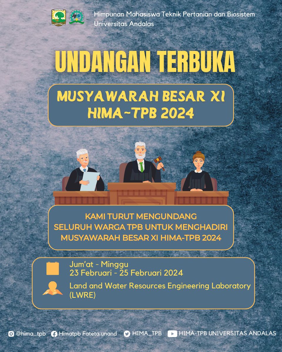 hima_tpb's tweet photo. [UNDANGAN TERBUKA MUSYAWARAH BESAR XI HIMA-TPB PERIODE 2023/2024]

Assalamualaikum warahmatullahi wabarakatuh Hallo Mekanator!!

Turut mengundang seluruh warga Teknik Pertanian dan Biosistem Universitas Andalas dalam rangka Musyawarah Besar XI HIMA-TPB https://t.co/jXBOwO14XL