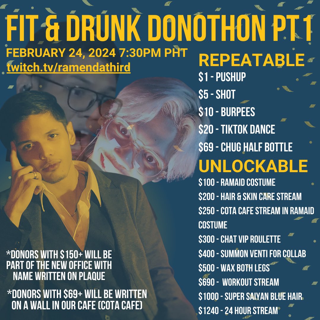 EVERYONE! 

To commemorate CoTa Bean, our new Cafe, WE'RE THROWING A SPECIAL STREAM CELEBRATION!

We have tons of dono goals to hit with Repeatable and Unlockable perks! Join us in a bit at 7:30 PM GMT+8!

See you THERE!!!!

twitch.tv/RamenDaThird