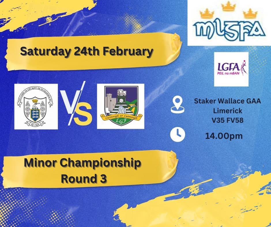 Good luck to Ellie, Niamh and the @Clarelgfa Minor players and Management when they travel to Staker Wallace GAA Club in Limerick at 2pm to play @LKLadiesGaelic in the 3rd round of the Minor Championship. 💛💙💛💙 #hondebanner @MunsterLGFA @LadiesFootball