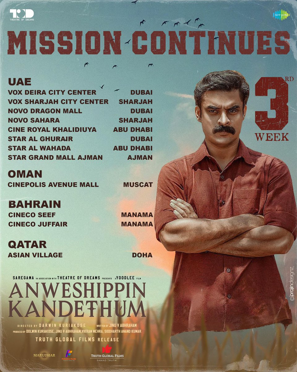 MISSION CONTINUES ⚡ #AnweshippinKandethum 3rd Week GCC List #TovinoThomas #DarwinKuriakose #Saregama #FunAsiaFilms #Marudhar #SamadTruth #TruthGlobalFilms