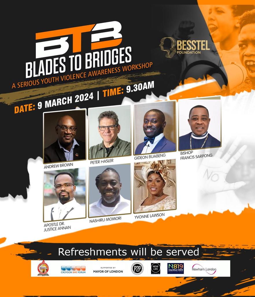Unveiling our speakers for Blades To Bridges, Youth Violence Awareness Workshop. #btb  Don't miss out....
<a href="/dacitv/">Destiny Apostolic Church Intl</a> <a href="/croydonbmeforum/">Croydon BME Forum</a> <a href="/mayorofldn/">The Mayor</a>
<a href="/newhamlondon/">Newham London 💙</a> @london@westlondonnhstrust

#youthdevelopment <a href="/mental/">billy</a>.aspect #mentalhealthawareness @mental_health_sunflower #mentalhealtha