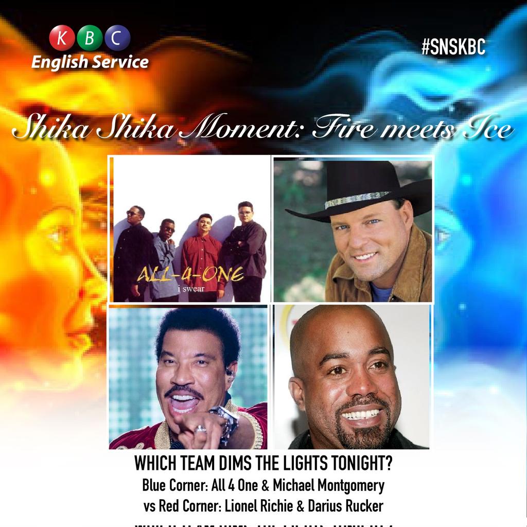 Saturday Night Show SNS. Which song do you want JK to include in the playlist? Which team dims the lights tonight? Blue Corner: All 4 one and Michael Montgomery vs Red Corner: Lionel Richie and Darius Rucker. Goodtimes are back. #SNSKBC