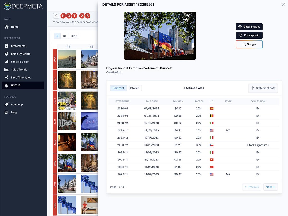 DeepMeta's tweet image. Meet “TOP 25”, a new DeepMeta 4 stats page, showing your Top 25 (or 10 if you’re feeling overwhelmed) top sellers in 1 grid. Each row is one month (or year).

It allows you to get a quick visual idea of what started and stopped selling over time.

#deepmeta #gettyimages #istock