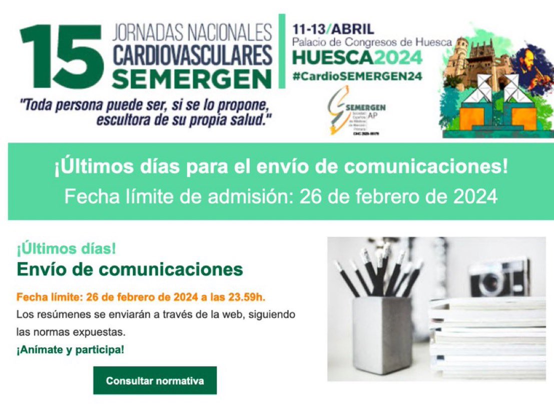 📅Del 11al 13 de Abril nos vemos en HUESCA en las 15ª Jornadas Cardiovasculares:.'Avanzando en el mejor conocimiento de la #ECV' 🔴ÚLTIMOS DÍAS para envío de comunicaciones: Lunes 26 de FEBRERO 🔗semergen.es/jornadascardio… @gt_hta @GTvasculopatias @NUTRI_SEMERGEN #CardioSEMERGEN24