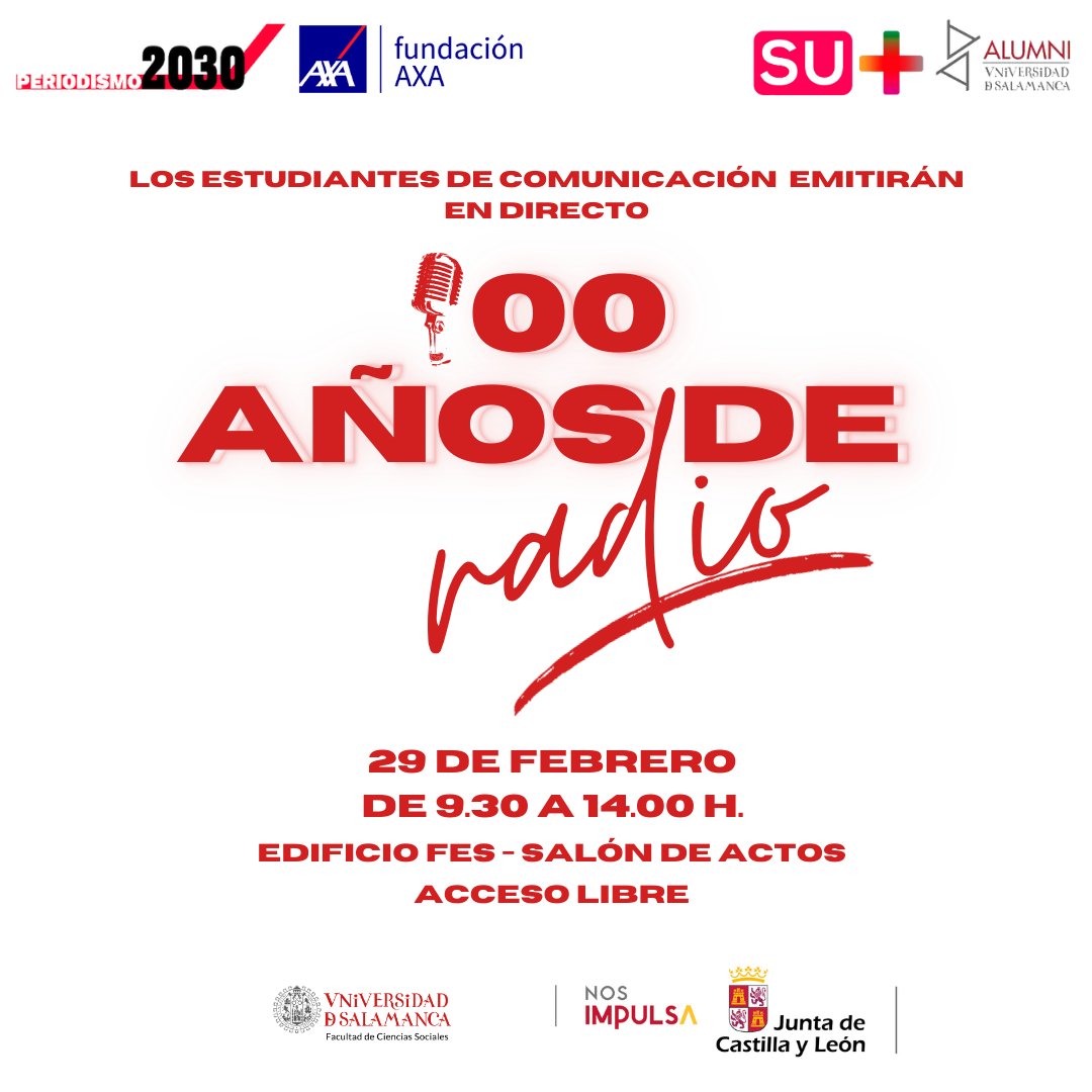 Dentro del programa de +Facultad, el jueves 29 de febrero se va a realizar la actividad "100 años de radio", desde las 9.30h a las 14.00h, en el salón de actos del Edificio FES.