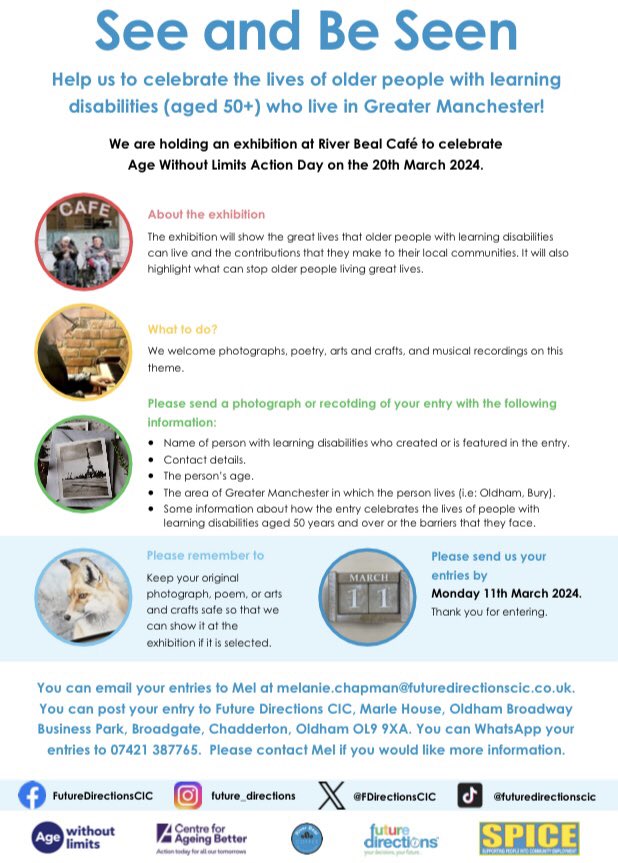 We are holding an exhibition at <a href="/CafeBeal/">River Beal Café and Community Hub</a> in March to celebrate the lives of older people with learning disabilities aged over 50 and living in Greater Manchester as part of Ageism Action Day. We are looking for photos, artworks and recordings. Please send us entries by 11 March