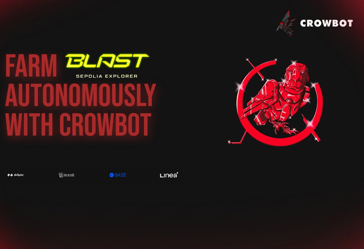crowboteth's tweet photo. Blast Farming is Live!

Our holders can now submit their wallets to autonomously participate in Blast testnet Farming.

There are various strategies available. One being deploying contracts.

We have also updated the DApp with an intro

Join our Community: https://t.co/z7Wmceen5L https://t.co/I82ftVtdhD