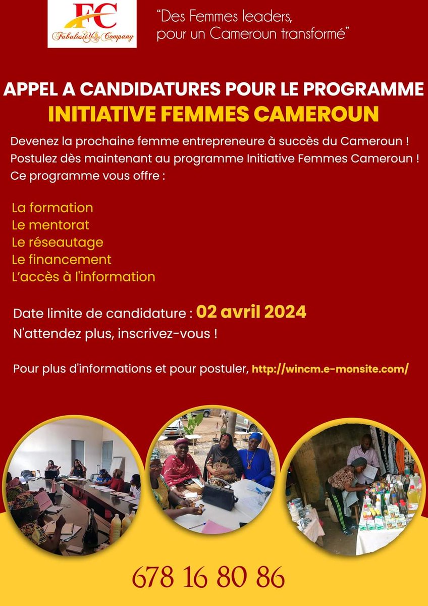 InitiativeFemCm's tweet photo. Devenez la prochaine femme entrepreneure à succès du Cameroun !
Postulez dès maintenant au programme Initiative Femmes Cameroun !
⛔️⛔️⛔️Date limite de candidature : 02 avril 2024
‼️‼️ Plus d'informations et pour postuler : https://t.co/eK0BGnFElg
#entrepreneur #Cameroon https://t.co/g8gF1l5yFR