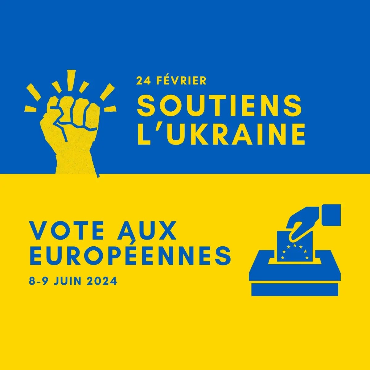 Si tu votes pas, Poutine décide pour toi ! Partout en France et en Europe, nous manifestons aujourd'hui pour soutenir l'#Ukraine. Le 9 juin, pour soutenir l'Ukraine, nous voterons aux élections européennes. ✊🇪🇺🇺🇦 #UkraineWar #EE2024 #PourDeBon