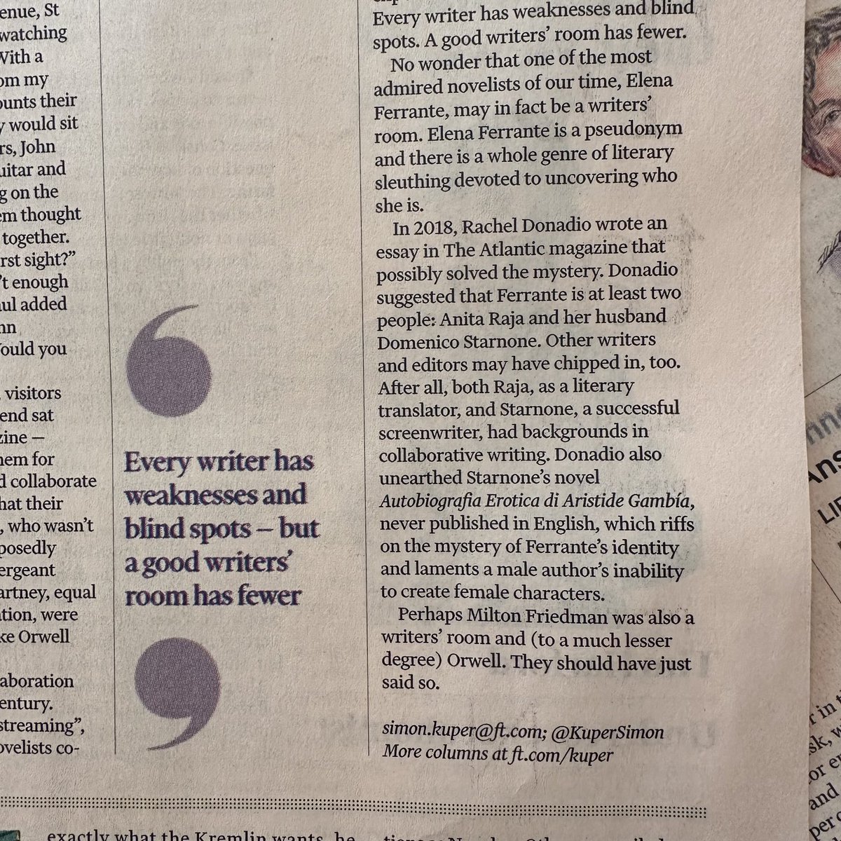 🙏 ⁦Thanks @KuperSimon⁩ for the @FT shoutout to my 2018 ⁦@TheAtlantic⁩ essay on Elena Ferrante - or “Elena Ferrante” 😉 - in this smart piece on collective writing!