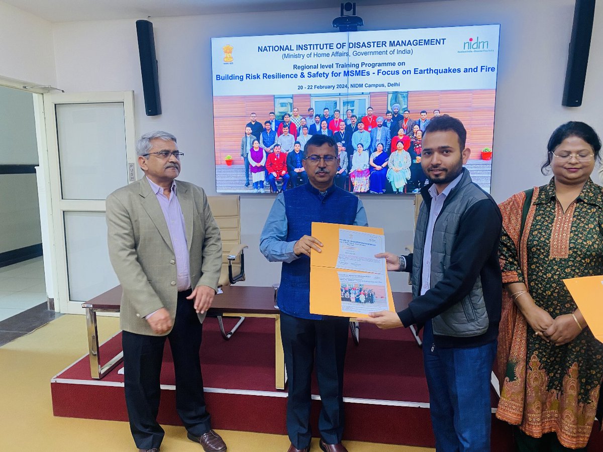 As per direction of Sh. Mekala Chaitanya Prasad(IAS) DM South, PC DDMA South-Md Usman actively participated in 3 days training programme conducted by National Institute of Disaster Management on Building Risk Resilience &amp; Safety for MSMEs from 20-22 Feb 2024 at NIDM Rohini campus