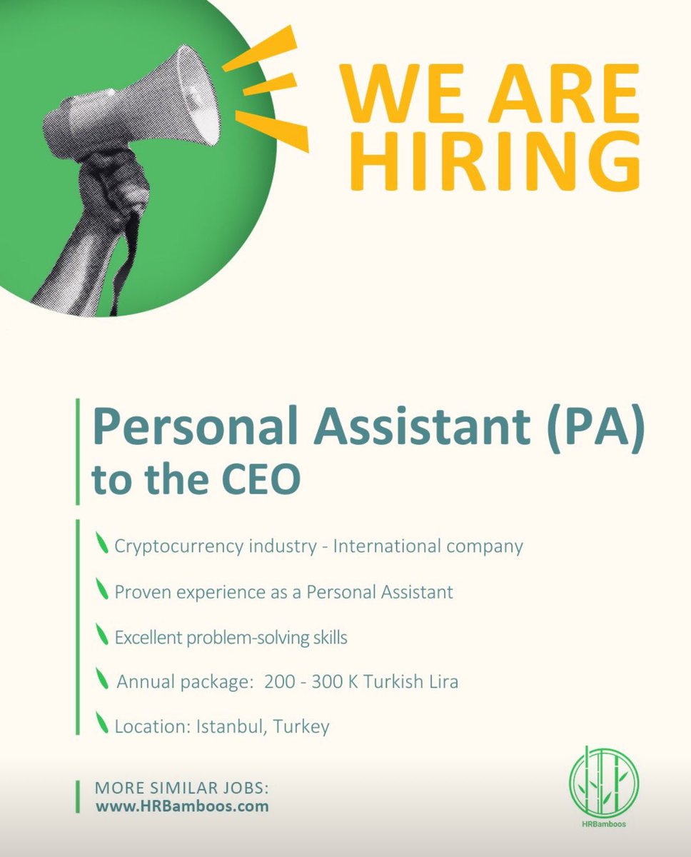 We are #hiring for several positions in #Turkey in a cryptocurrency company. 
Job Title: PA to the CEO
It is necessary to be fluent in English &amp; Turkish, besides the passion for learning and growth.
Location: Şişli, Istanbul
Work Condition: On-site
Annual Package: 200 - 300K Lira
