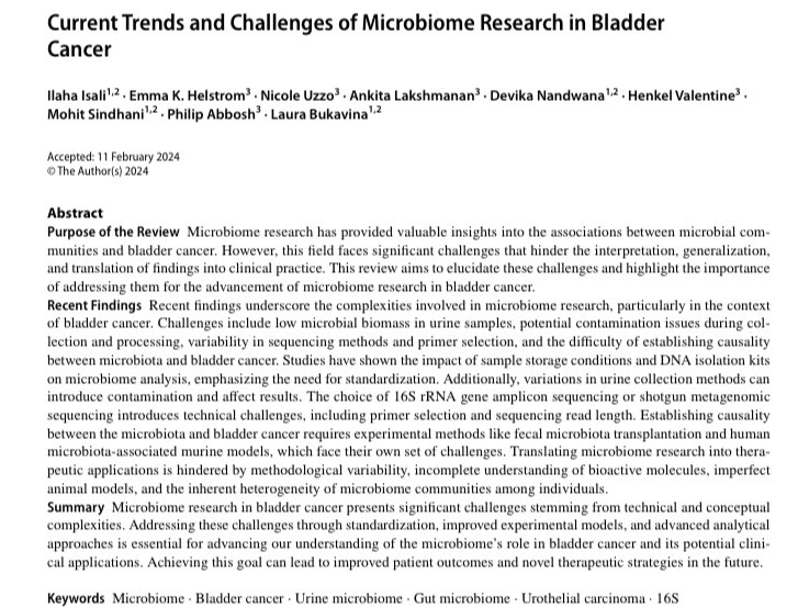 Excited to see this in print! Our study highlighted the main challenges of microbiome research (collection of urine methods/volumes/storage, analysis, 16s primers) in bladder cancer. Thanks to @LauraBukavinaMD for the amazing opportunity! ⤵️ doi.org/10.1007/s11912…