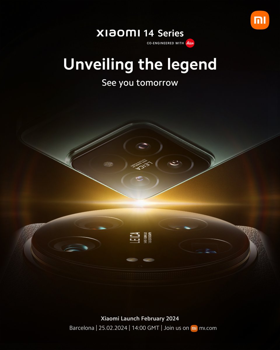 All new #Xiaomi14 and #Xiaomi14Ultra, get ready for an unparalleled experience!

Set the clock for the #XiaomiLaunch tomorrow at 14:00! #LensToLegend 

🟠📷🔴 Learn more: bit.ly/3I0VWuW