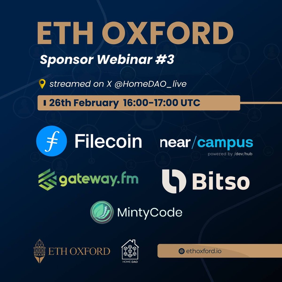 Tune in THIS Monday for a live-streamed webinar with #ETHOxford 🏆sponsors 

<a href="/Bitso/">Bitso</a>, <a href="/protocollabs/">Protocol Labs</a> for <a href="/Filecoin/">Filecoin</a>/<a href="/IPFS/">IPFS</a>,<a href="/gateway_eth/">Gateway FM</a>, and <a href="/NEARDevHub/">NEAR DevHub</a> for <a href="/NEARProtocol/">NEAR Protocol</a> 🔥

<a href="/MintyCodeDao/">MintyCode</a> will walk through bounty submission &amp; payouts