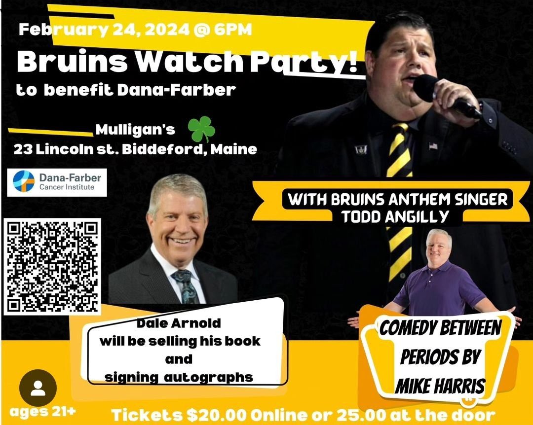 Let’s watch an @NHLBruins game together AND raise money for @DanaFarber. Join @todd_angilly and me tonight in Biddeford.