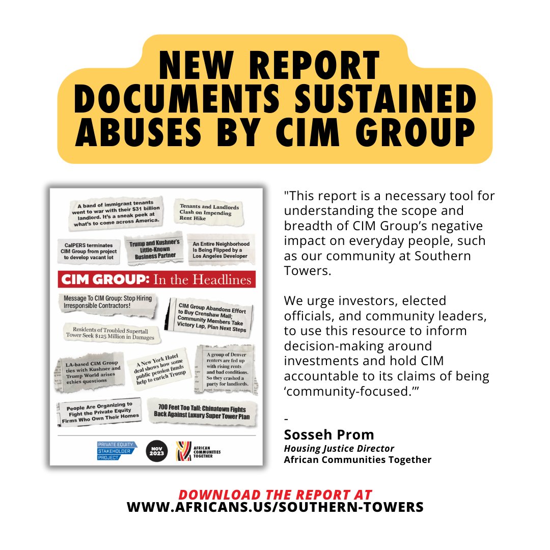 Our latest report, 'CIM Group: In the Headlines,' documents years of abuse by developer #CIMGroup and illustrates the financial risk posed by CIM to investors due to the amount of negative media coverage that the company has received.

africans.us/southern-towers

#ACT4SouthernTowers