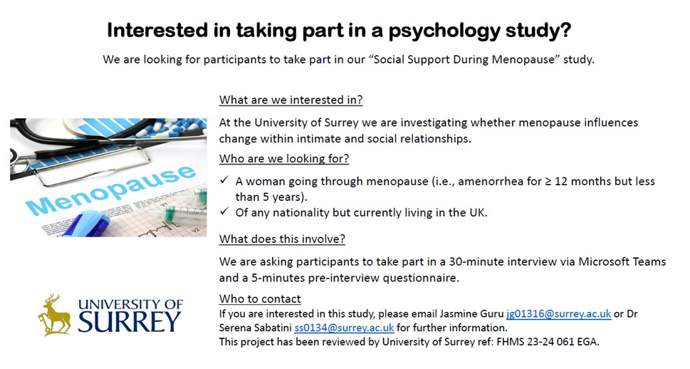 Aysegul Humeyra KAFADAR (@aysegulkafadar) on Twitter photo *We need you*
Jasmine Guru and Dr Serena Sabatini are looking for participants to take part in their "Social Support During #menopause " study.
If you are interested in, please contact Jasmine Guru jg01316@surrey.ac.uk or Dr Serena Sanatini ss0134@surrey.ac.uk *We need you*
Jasmine Guru and Dr Serena Sabatini are looking for participants to take part in their "Social Support During #menopause " study.
If you are interested in, please contact Jasmine Guru jg01316@surrey.ac.uk or Dr Serena Sanatini ss0134@surrey.ac.uk