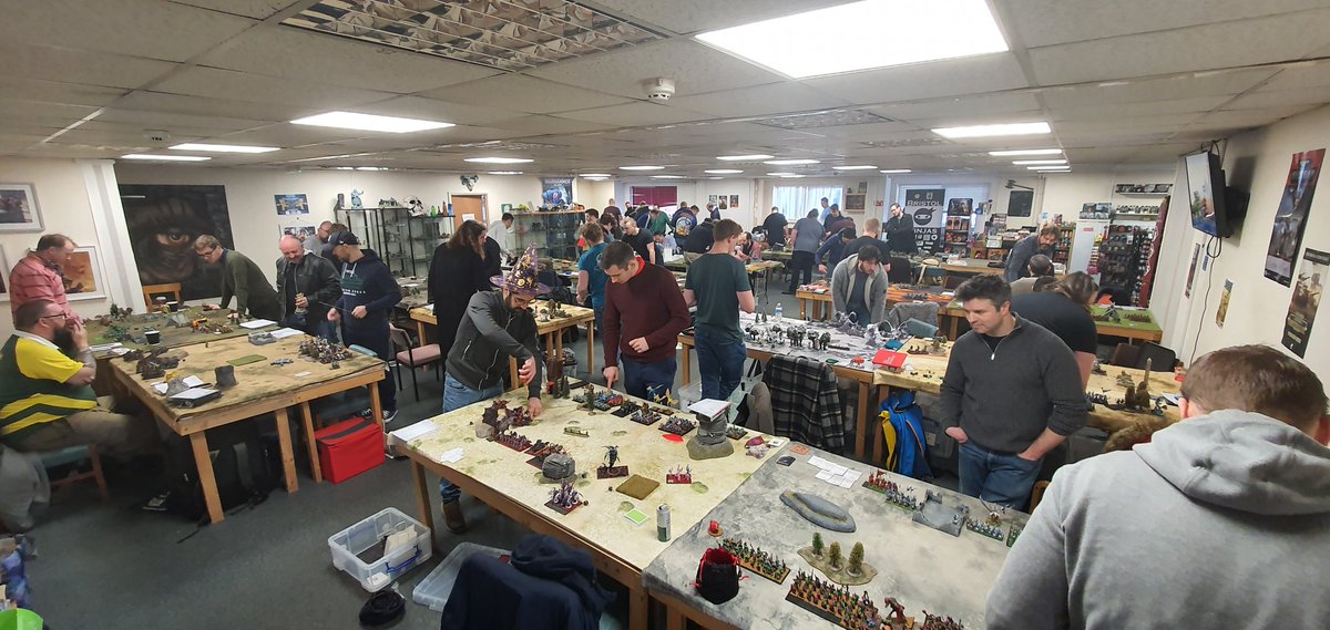 DMDanT's tweet photo. @The_9th_Age Art of War 6(66), the UK's largest T9A event is LIVE at Bristol Independent Gaming! 60 players, 5 games, 2 days, 1 winner! 

Watch @luckysixesPTG and Ben D on the Table 1 Livestream on the PTG Proxy Table Gaming YouTube channel!

#wargaming #warhammer #squarebase https://t.co/Pdmnon4PMC