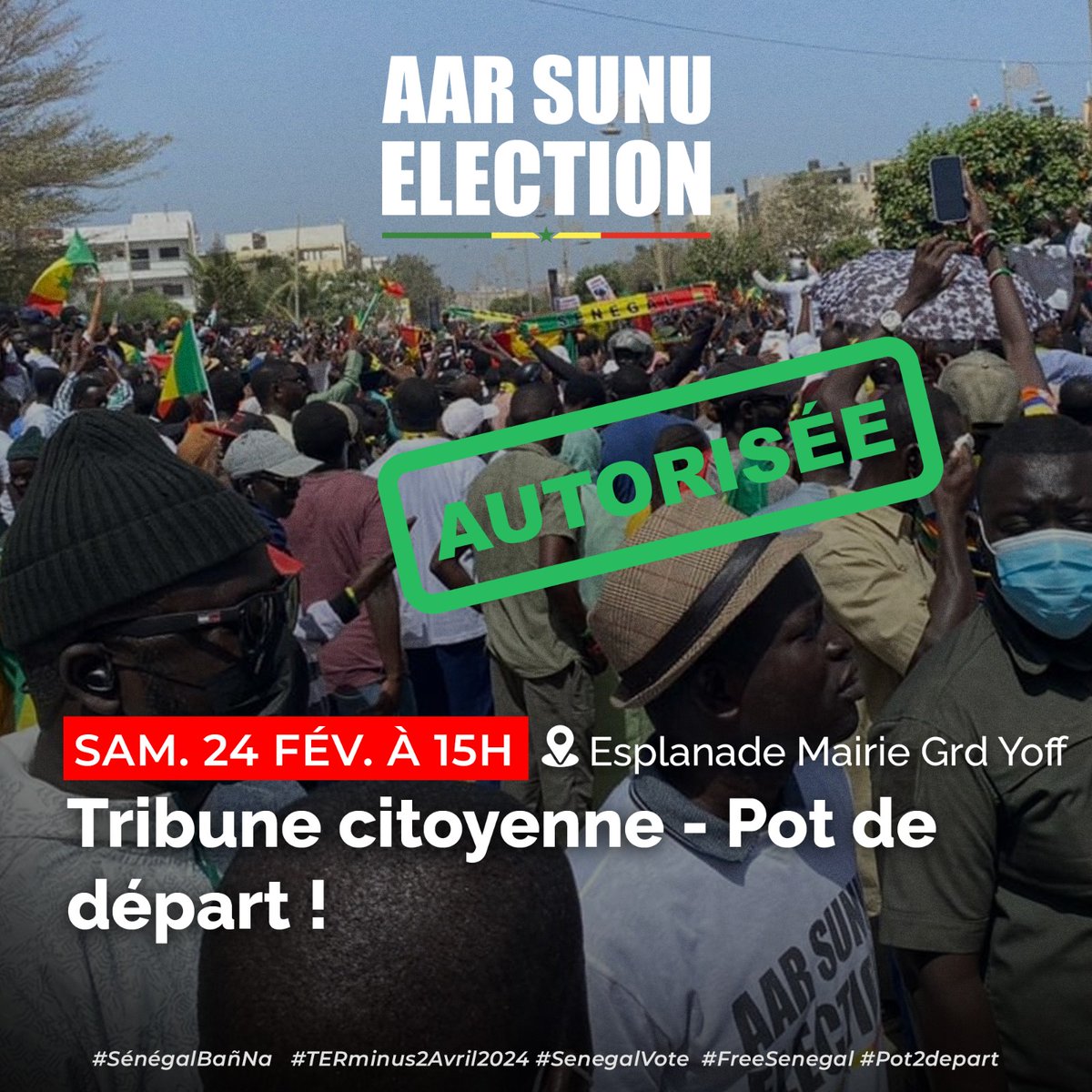 Mame Diarra Ndiaye Sobel (@boussobel) on Twitter photo Nous vous donnons rendez-vous cet après-midi à la Mairie de Grand Yoff pour un plaidoyer populaire en faveur du respect de la Constitution et du calendrier électoral.
<a href="/_aramegueye/">Arame Gueye Sène</a> <a href="/AarSunuelection/">AAR SUNU ÉLECTION</a> @abdourami <a href="/gunmanxuman/">XUMAN</a> <a href="/layebousso/">Dr Abdoulaye Bousso</a> <a href="/willykemtane/">Willy Kemtane</a> <a href="/Waangrin/">Waangrin</a> <a href="/SeydiGassama/">Seydi Gassama</a> Nous vous donnons rendez-vous cet après-midi à la Mairie de Grand Yoff pour un plaidoyer populaire en faveur du respect de la Constitution et du calendrier électoral.
<a href="/_aramegueye/">Arame Gueye Sène</a> <a href="/AarSunuelection/">AAR SUNU ÉLECTION</a> @abdourami <a href="/gunmanxuman/">XUMAN</a> <a href="/layebousso/">Dr Abdoulaye Bousso</a> <a href="/willykemtane/">Willy Kemtane</a> <a href="/Waangrin/">Waangrin</a> <a href="/SeydiGassama/">Seydi Gassama</a>