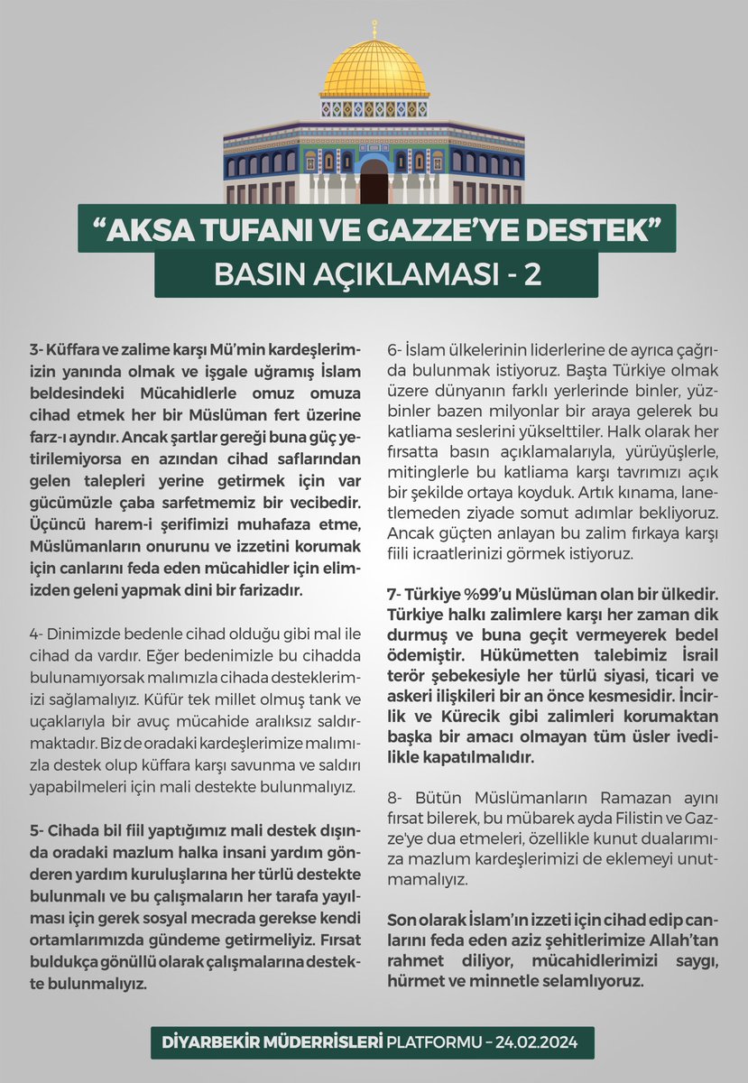 Diyarbekir Müderrisleri Platformu olarak mutat yapılan toplantıya Genel Merkezimizde ev sahipliği yaptık.

Selahaddin Eyyubi ve Gazze gündemiyle bir araya gelen seyda ve müderrisler toplantı sonrası basın açıklaması yaptı.