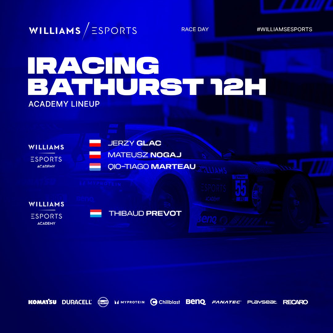 Finalising our 5 car roster! 🙌

The Academy team for today's <a href="/iRacing/">iRacing</a> <a href="/Bathurst12hour/">Bathurst 12 Hour</a>! 

🟡 #1 - 🇵🇱 <a href="/jerzyglac/">Jerzy Glac</a> 🇵🇱 <a href="/mati_nogaj/">Mateusz Nogaj</a> 🇳🇱 <a href="/qiomarteau/">Qio-Tiago Marteau</a>

🟡 #2 - 🇱🇺 <a href="/T_Prevot996/">Thibaud Prevot</a>

#WilliamsEsports #WeAreWilliams #SimRacing #iRacing #Bathurst