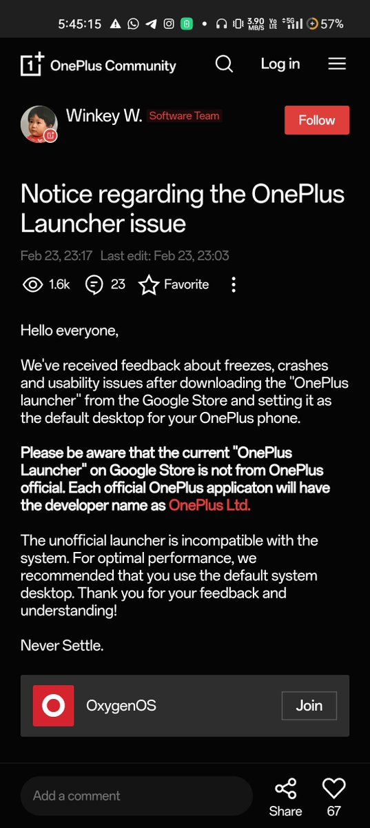 TechKard's tweet image. #OnePlus has officially issued a statement regarding a problem with the #OnePlusLauncher experienced by users.