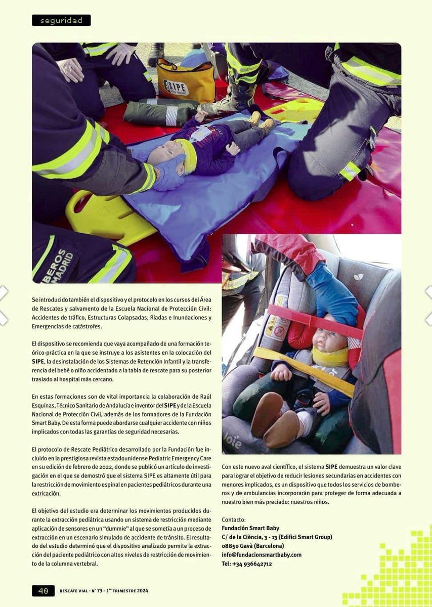 La Revista Rescate Vial valora muy positivamente en un Artículo el dispositivo SIPE para el Recate Pediátrico
de Emergencias .Sin duda  necesario en Instalaciones,dotaciones de Emergencias Sanitarias y   Vehículos de Cuerpos de Bomberos. <a href="/SEMES_/">SEMES</a>    <a href="/ASELFcomunica/">ASELF</a>  <a href="/APTBBomberos/">APTB</a>