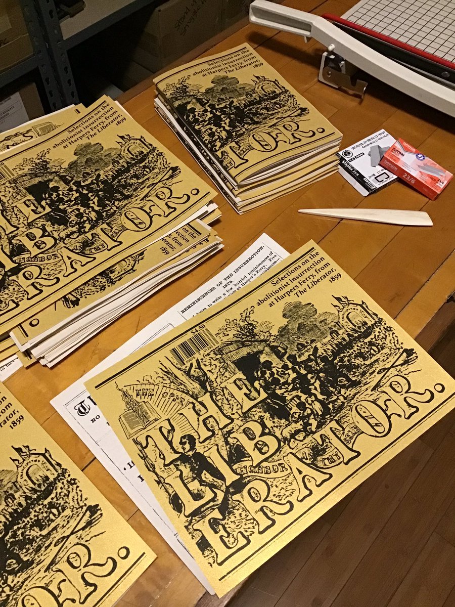 We just made these new ‘zines compiling selections from the abolitionist newspaper, The Liberator, from between October & December of 1859, relating to the insurrection at Harpers Ferry & subsequent the execution of John Brown. They have shiny gold covers! burningbooks.com/products/selec…