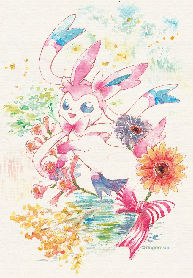 sylveon pokemon (creature) no humans open mouth flower solo smile blue eyes  illustration images