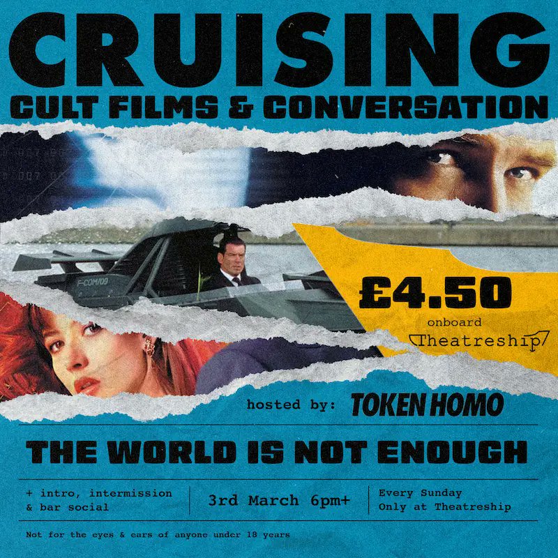 See the classic film 'The World is Not Enough' on an *actual* boat in the Docklands, moored in same stretch of water where the iconic opening sequence was *actually* shot! Sunday 3 March @ 6pm. FILM + INTRO + INTERMISSION + BAR SOCIAL. All for only £4.50 - theatreship.co.uk