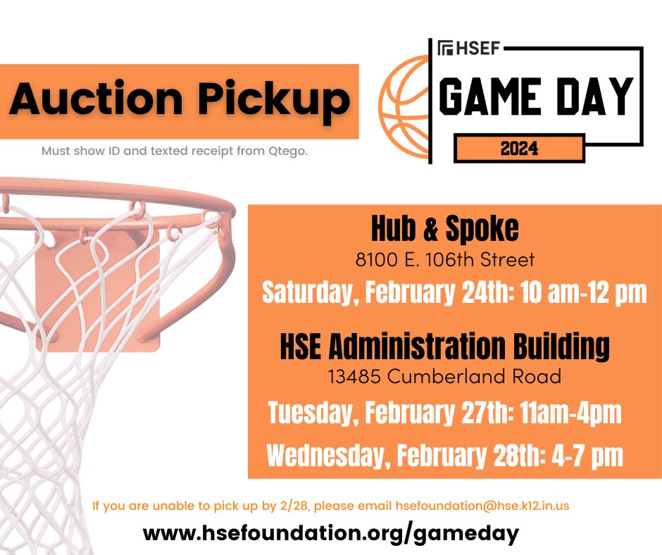 Were you an auction winner? You can pick up your basket: - Saturday 2/24 from 10-12 (Hub & Spoke) - Tuesday 2/27 from 11-4 (HSE Administration) - Wednesday 2/28 from 4-7 (HSE Administration)