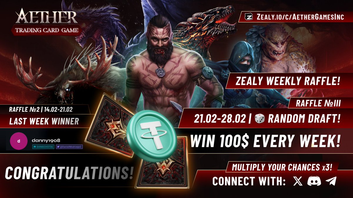 AetherGamesInc's tweet image. Congratulations to @DanielModrzeje2 
 for winning the Aether Games Zealy Weekly Challenge! 🏆👏

Our new competition for this week is now live! Enter now for a chance to win here: aethergamesinc.zealy.io/questboard