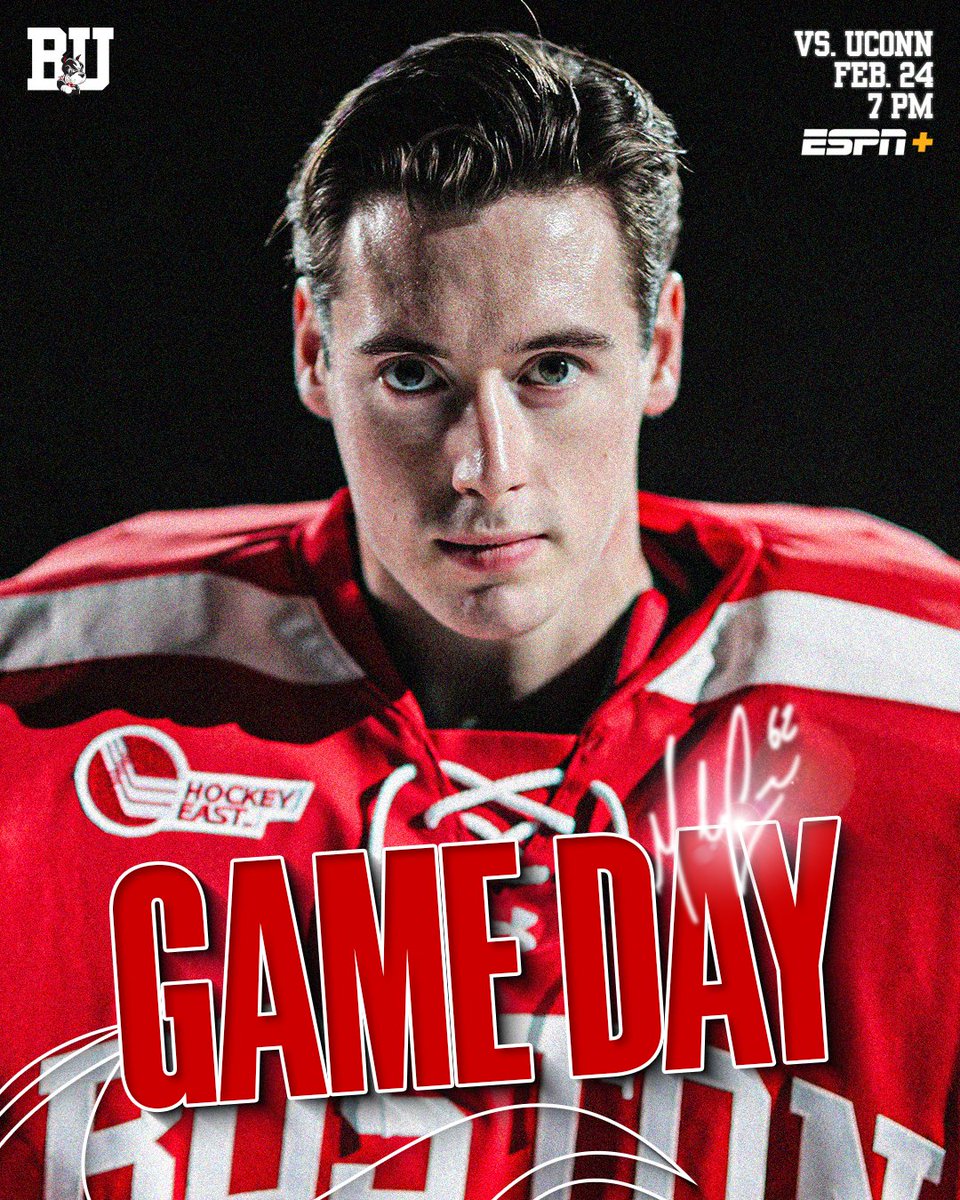 Game day graphic featuring posed photo of Mathieu Caron. BU vs. UConn, Feb. 24, 7 PM on ESPN+