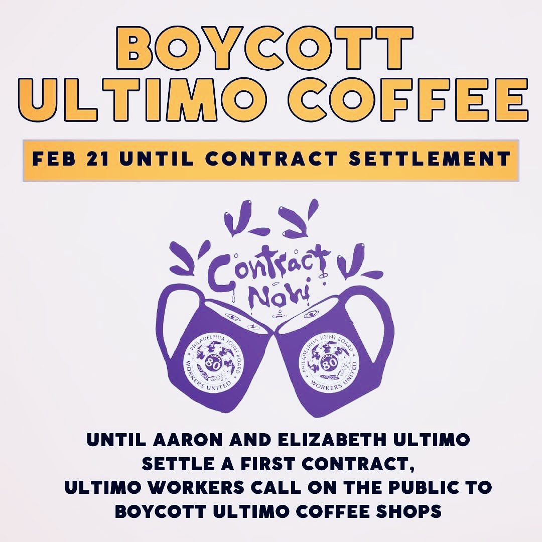 PJBWU's tweet photo. DAY 4, BOYCOTT ULTIMO COFFEE 🗣️🗣️🗣️Aaron and Elizabeth Ultimo still haven’t settled a contract, despite sales plummeting. Local 80 is continuing to call upon our community allies to keep up the pressure and boycott Ultimo Coffee! #local80meansbusiness ! 

#local80 https://t.co/9duL9jw1Rg