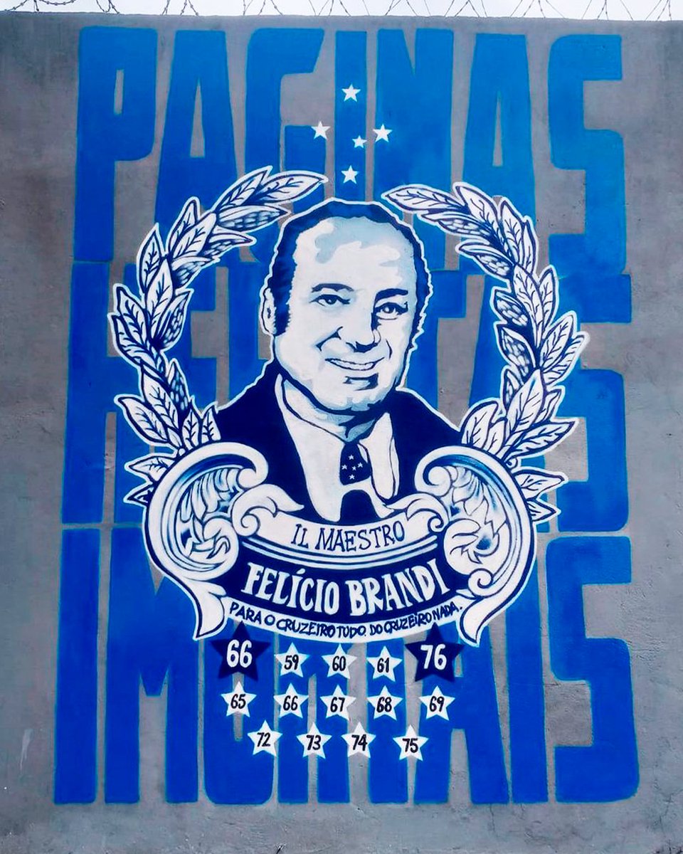 Cruzeiro's tweet photo. A construção da gigante história celeste passa pelas mãos de Felício Brandi. Presidente do clube por 22 anos e um visionário, construiu a Toca da Raposa I, o primeiro CT de futebol do país e projetou as 5 estrelas para o mundo. Na sua gestão, o Cruzeiro venceu o seu primeiro título nacional, a Taça Brasil de 1966, e sua primeira Libertadores, em 1976.

Neste sábado, completam 20 anos do falecimento de Felício Brandi. O @clubescruzeiro fez uma bela homenagem ao dirigente nos muros do Barro Preto. Eternamente em nossas páginas heroicas e imortais! ⭐