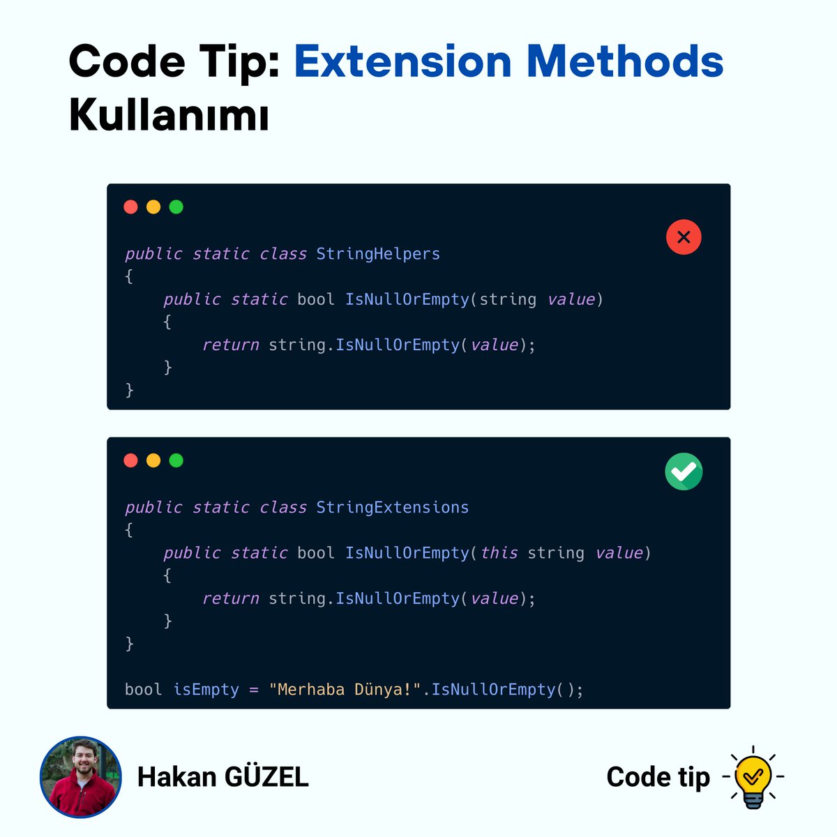 hakannguzell's tweet image. Sevgili C# süper kahramanları, bir sonraki görevinizde extension methods'ın gücünü kullanarak, kodunuzu daha da güçlendirin. Ve unutmayın, büyük güç büyük sorumluluk getirir; kodunuzu bilgece ve iyilik için kullanın! 🌟👨💻 #CSharpSüperGüçler #ExtensionMethods #KodlamaYoda