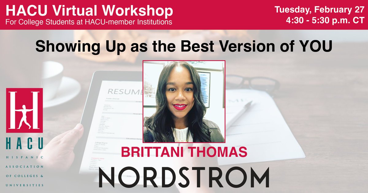 Join us on Tues. Feb. 27, 4:30 PM - 5:30 PM CT for a virtual workshop for #college #students, 'Showing Up as the Best Version of YOU,' presented in collaboration with our partners at Nordstrom. Register today! bit.ly/3I8PTEy