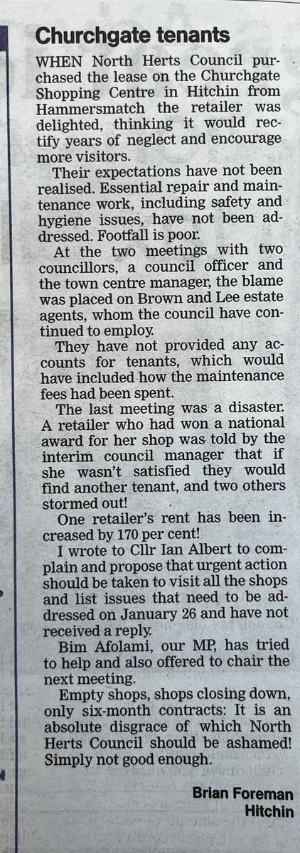 Sad to read in this week’s <a href="/thecomet24/">The Comet</a> that <a href="/NorthHertsDC/">North Herts Council</a> have yet to get a grip of the strategically vital Churchgate Shopping Centre 

“Simply not good enough” 🙁
