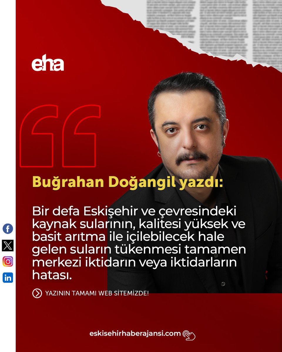Buğrahan Doğangil Yazdı...

"Tarımsal sulama ya farklı bir alana kurban edilmeyen kaliteli suların da özel şirketlere uzun yıllar boyunca kiralandığı, yani damacana su, pet su markalarına peşkeş çekildiğini unutmayalım. Bunu yapan belediye mi? Hayır, bunun müsebbibi de merkezi