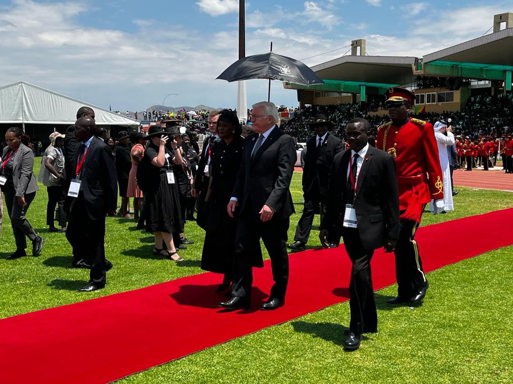 GERMANY IN THE HOUSE … The president of Germany, Frank-Walter Steinmeier, arrives at Independence Stadium for president Hage Geingob’s official memorial service in Windhoek on Saturday. Photo: Shania Lazarus