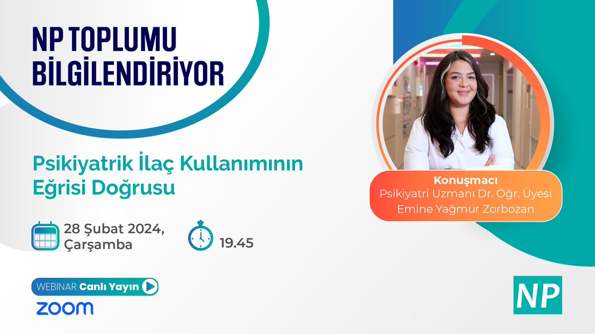 Psikiyatrik İlaç Kullanımı, Eğrileri ve Doğruları" başlığı altında 28 Şubat Çarşamba günü bir araya geliyoruz! 
 
Psikiyatri Uzmanı Dr. Emine Yağmur Zorbozan, konuyla ilgili merak ettiklerinizi yanıtlayacak. 

Psikiyatrik ilaçlar hakkında detaylı bilgi almak için linkten kayıt