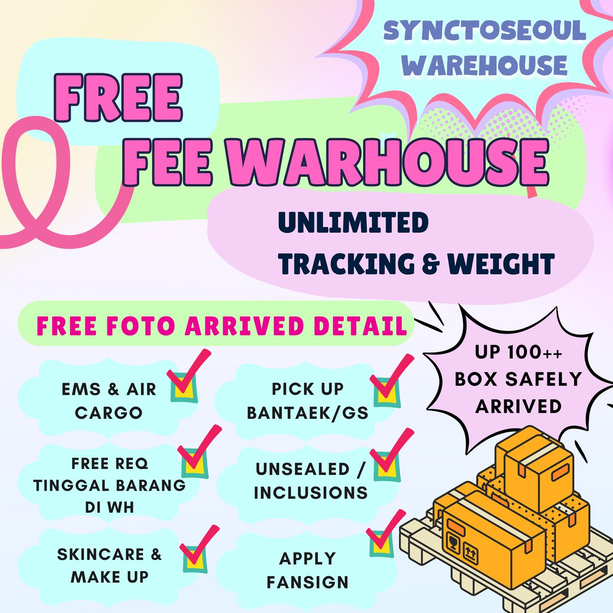 spaciowarehouse's tweet photo. ❄️ 𝗦𝗬𝗡𝗖𝗧𝗢𝗦𝗘𝗢𝗨𝗟 𝗪𝗔𝗥𝗘𝗛𝗢𝗨𝗦𝗘 ❄️

✿ ems &amp; express delivery ✓
✿ arrived photos detail ✓
✿ free tinggal barang  ✓
✿ request unsealed / take inclusions ✓
✿ accept skincare &amp; makeup item ✓
✿ pick up GS ✓ https://t.co/LmvwkteNxI